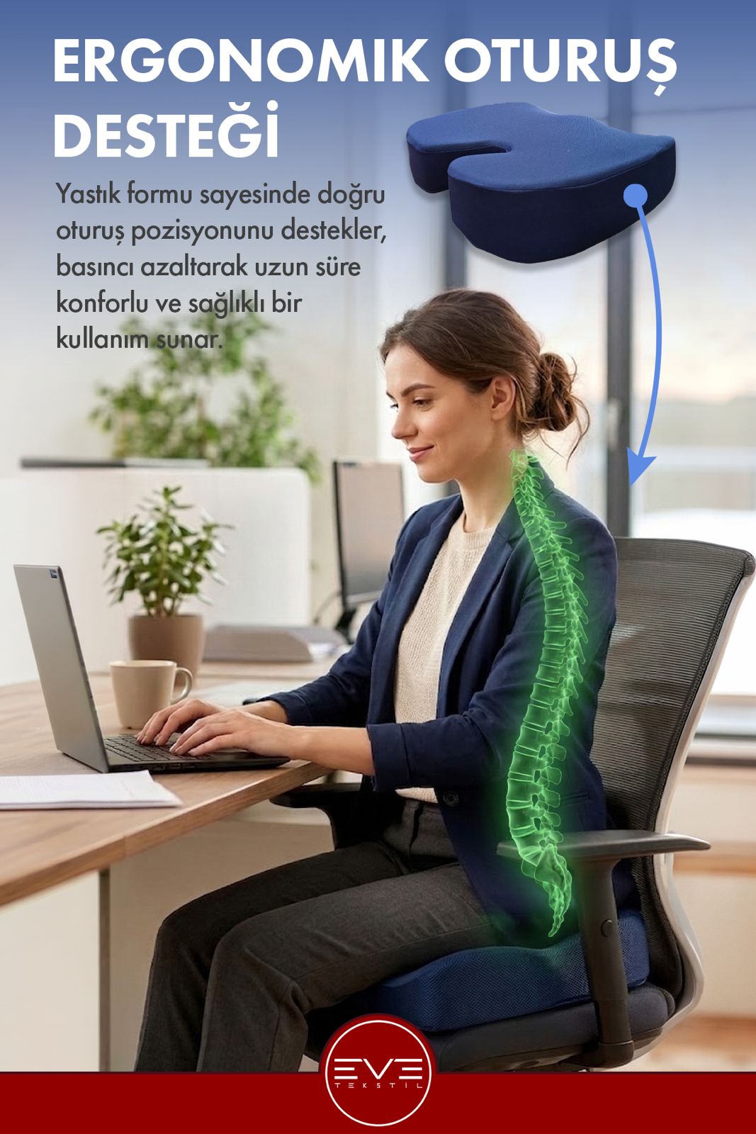 Coxy Ortopedik Visco Oturma Minderi – Koksiks Destekli, Bel ve Kuyruk Sokumu Ağrıları İçin Ergonomik