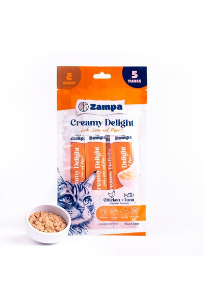 Creamy Delight Tavuklu & Ton Balıklı (Tuna) Kedi Krema Ödül Maması 16g x 5 – Lezzetli Yumuşak Kedi Ödülü