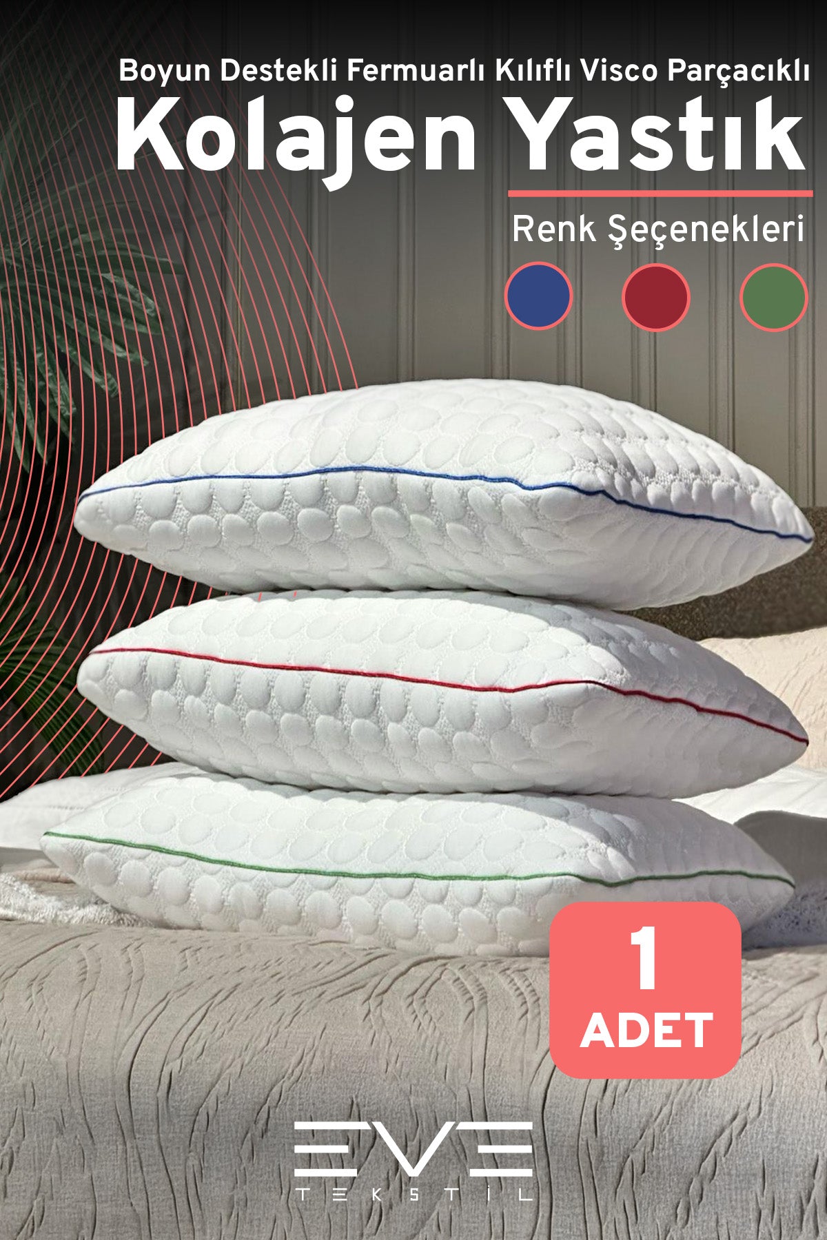 Kolajen Kumaş Boyun Destekli Visco Parçacıklı Fermuarlı Kılıflı Antialerjik Ortopedik Visco Yastık 40x65 Cm