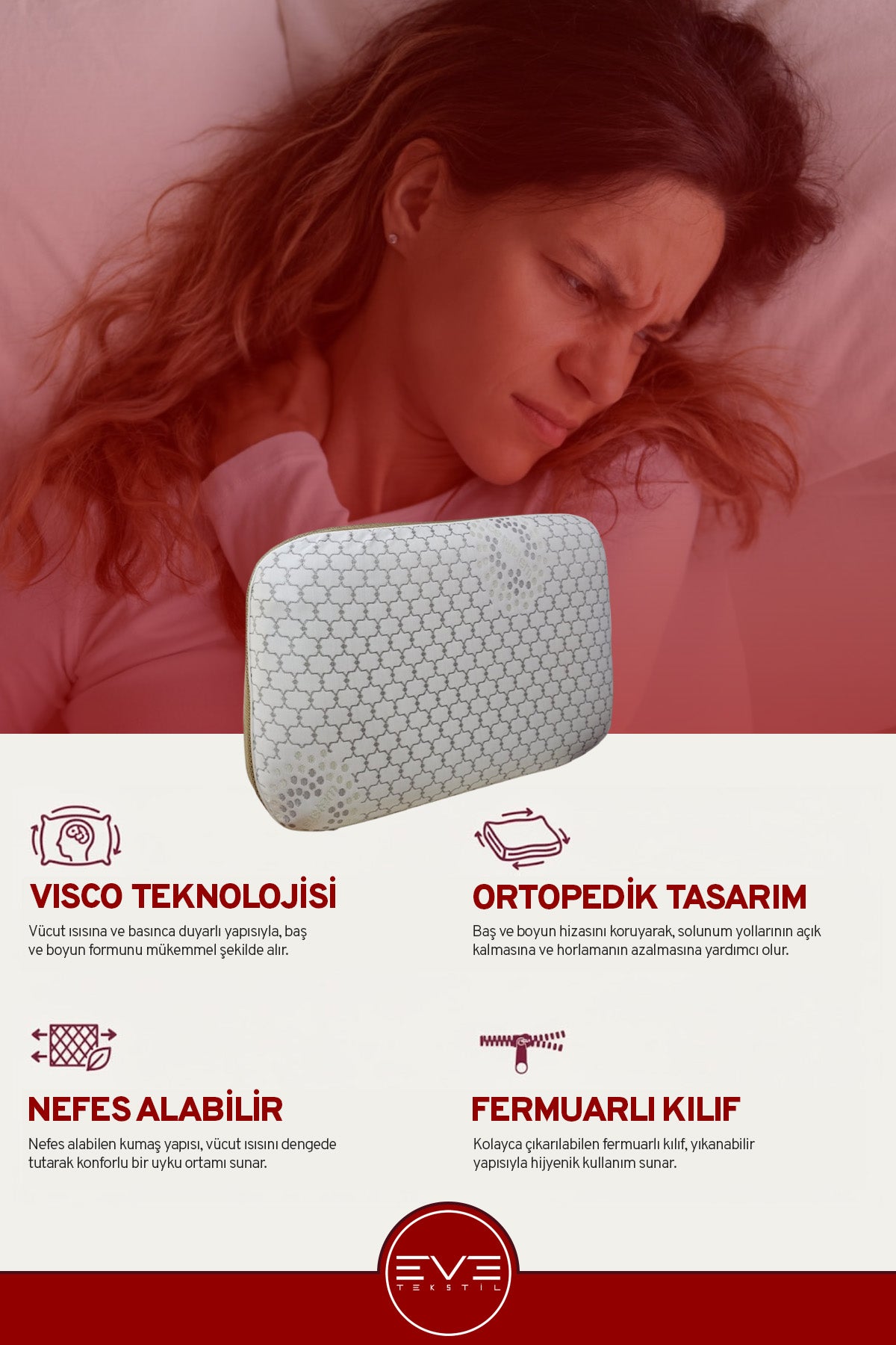 Boyun Destekli Terleme Önleyici Gelato Serisi Fermuarlı Ortopedik Visco YastıkKılıflı Antialerjik Ortopedik Visco Yastık 40x65 Cm