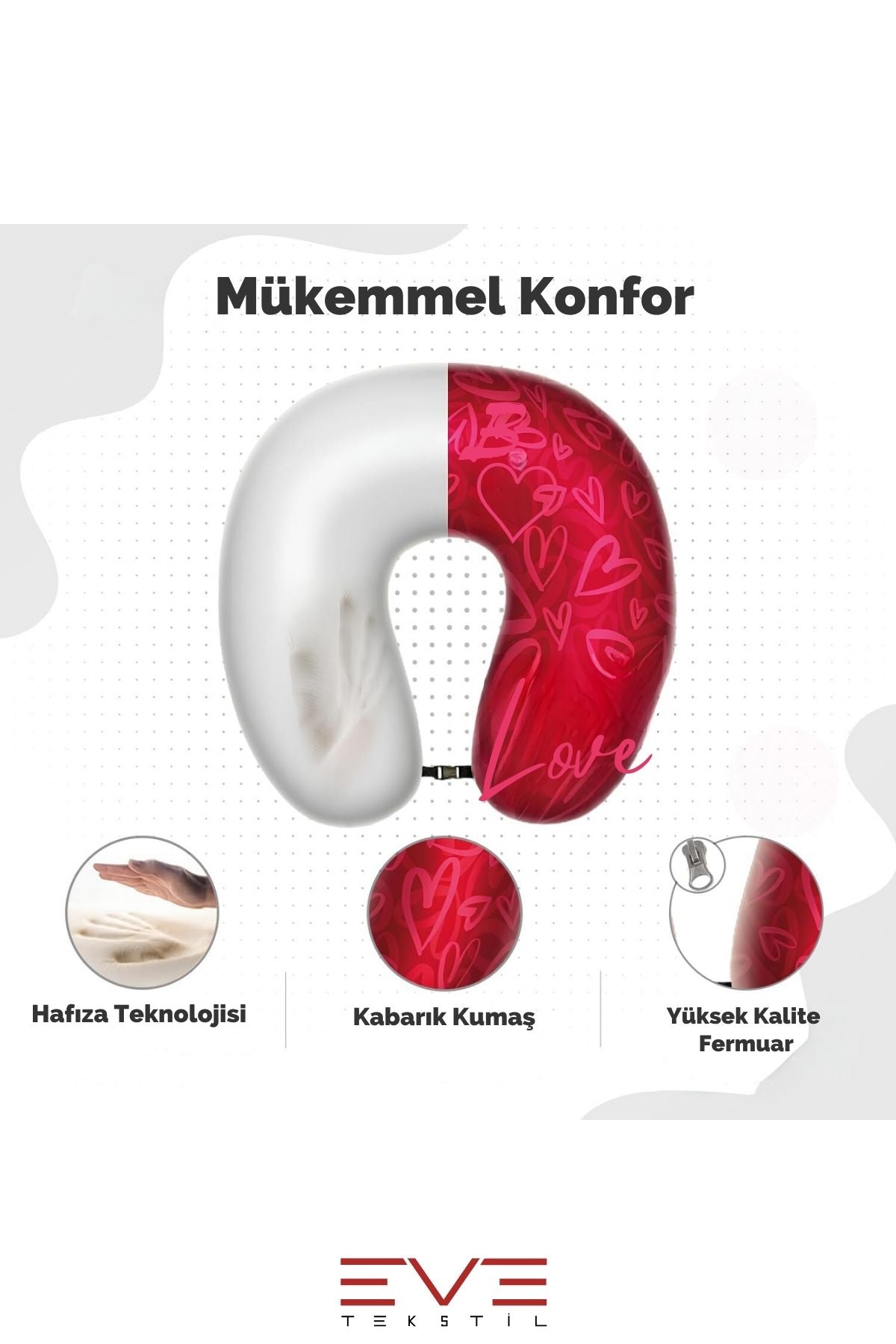 Ortopedik Seyahat Yastığı Visco Boyun Destekli Seyahat Yastığı Hipoalerjik Love Desenli