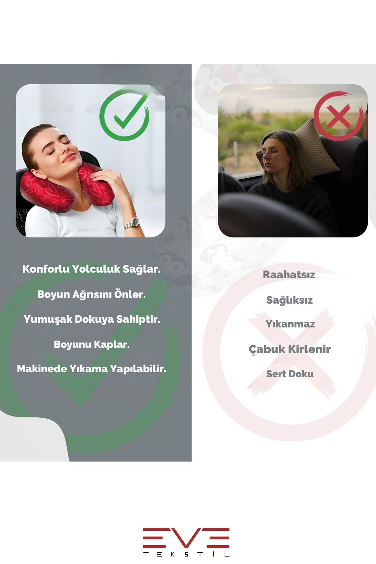 Ortopedik Seyahat Yastığı Visco Boyun Destekli Seyahat Yastığı Hipoalerjik Love Desenli