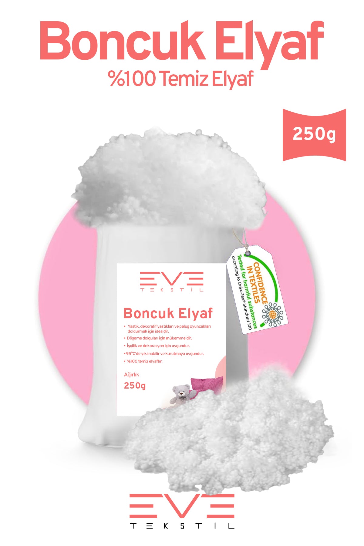 Yastık Yorgan Oyuncak Dolum Malzemesi Antialerjik Yapışmaz 1.Kalite %100 Temiz Boncuk Elyaf 250 Gr